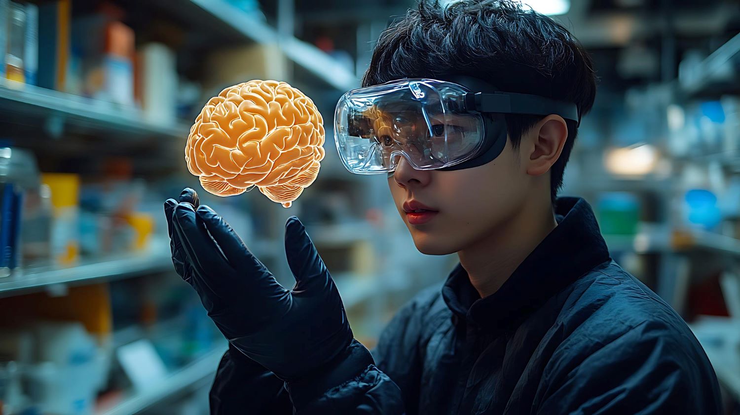 A young man holding up a hologram of a brain.