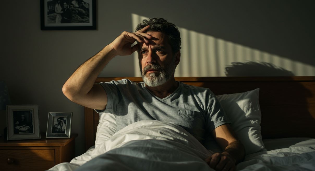 Middle-aged man sits up in bed, looking thoughtful as morning light filters through blinds, hinting at dream reflection or unrest.