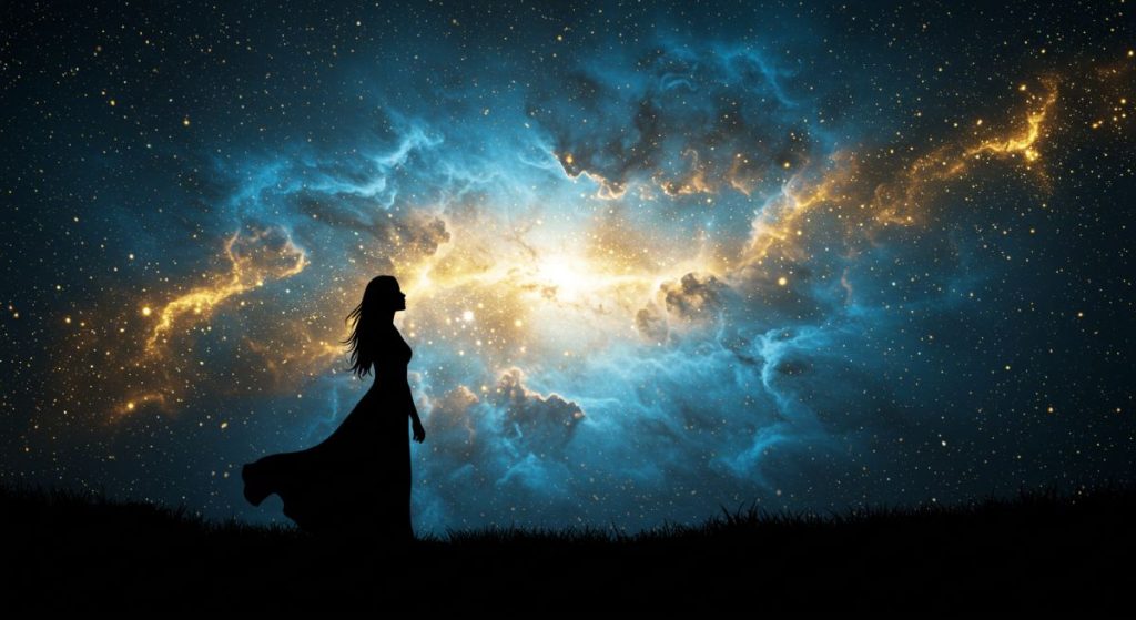 Silhouette of a woman standing on a hill under a starry night sky, gazing at a glowing blue and gold nebula illuminating the horizon.