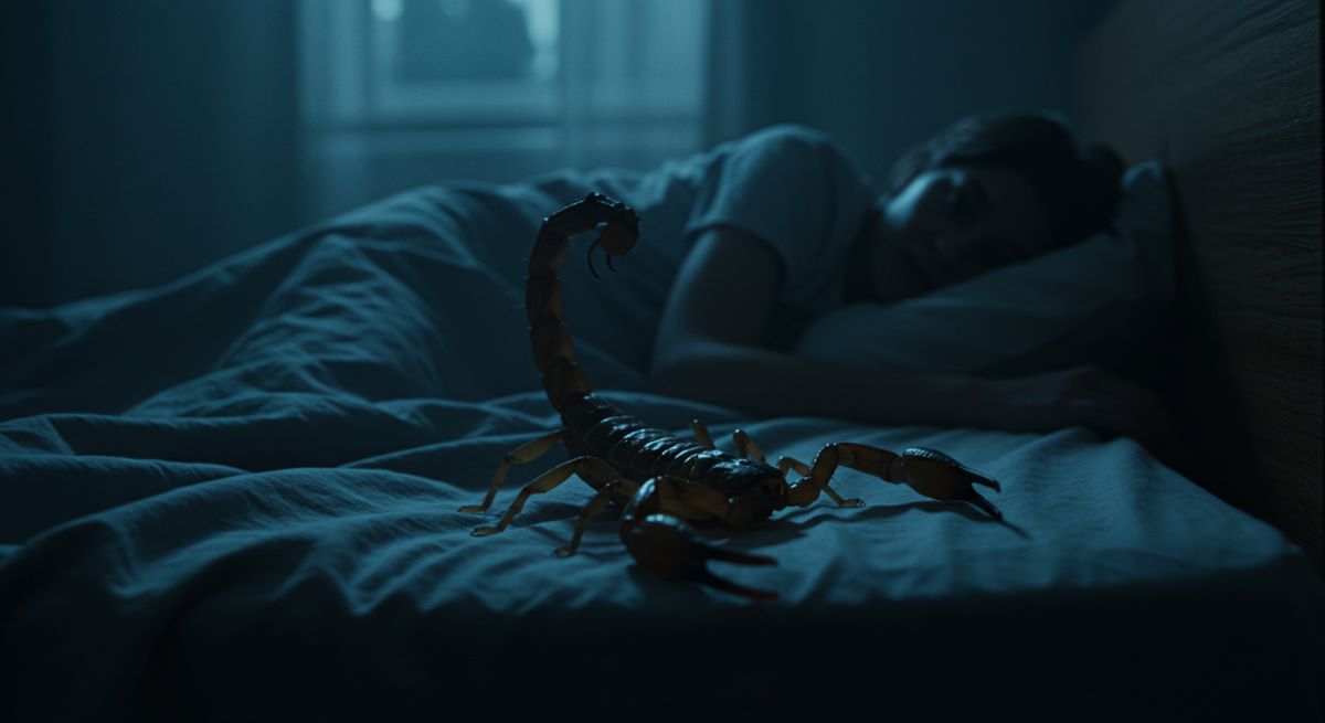 A scorpion crawling on a bed while a person lies awake watching in dim moonlight