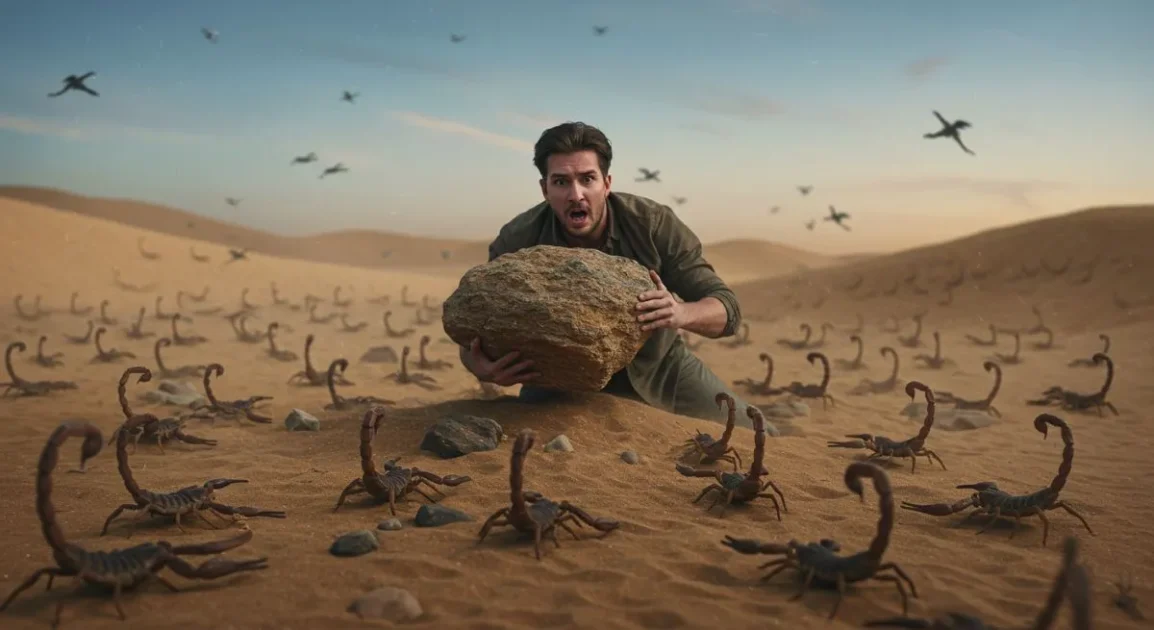Man kneeling in a desert holding a large rock, surrounded by dozens of scorpions, symbolizing fear, danger, and survival in a dreamlike scene.