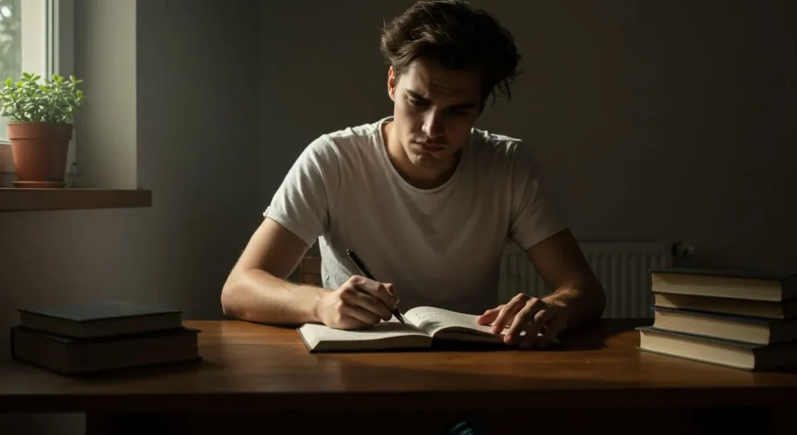 Young man sitting at a desk writing in a journal with focused expression, symbolizing dream journaling and self-reflection.