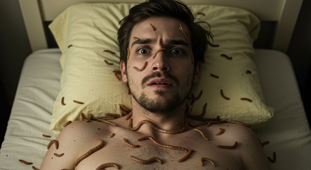 A person lying on a bed with worms covering their body