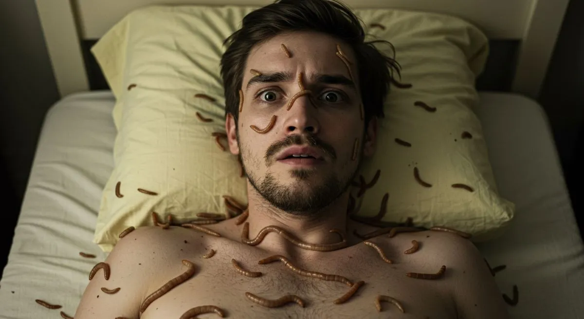A person lying on a bed with worms covering their body