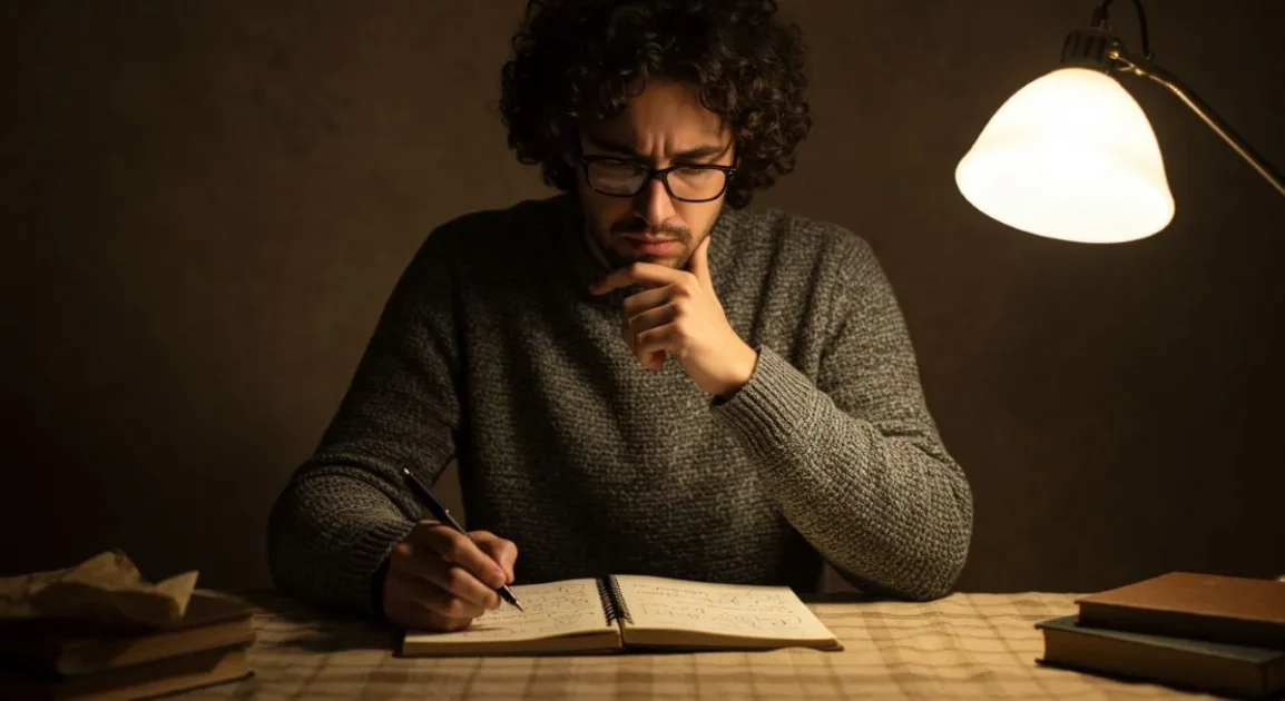 A person sitting at a desk under soft light, writing in a notebook while deep in thought.
