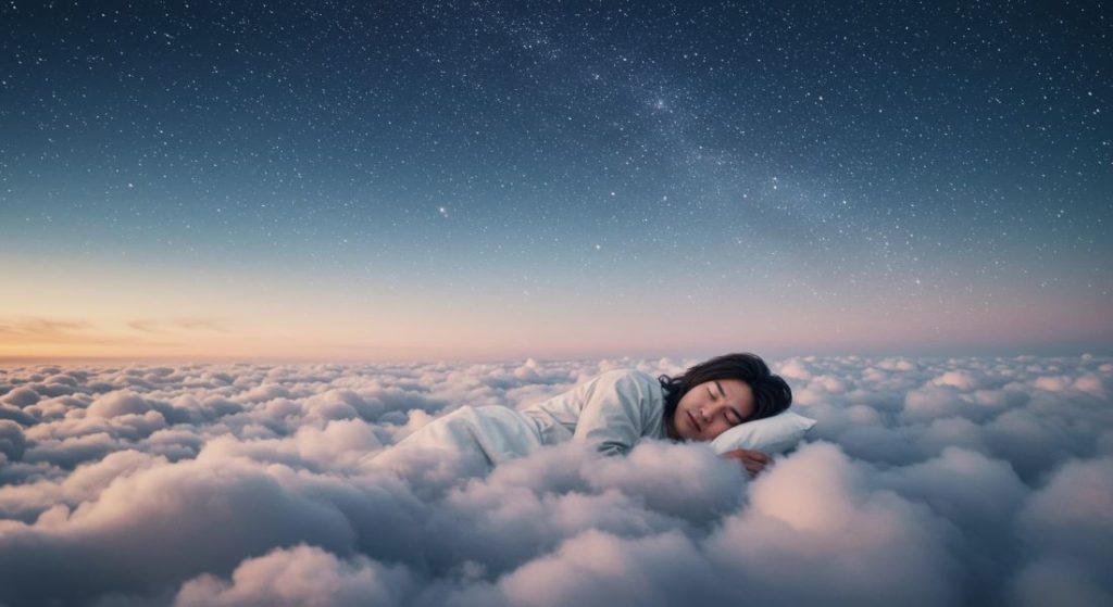 A sleeping person surrounded by stars and clouds, representing the mysterious world of dreams.