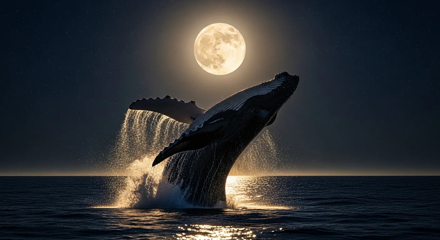 A whale breaching the ocean under the full moon, creating a powerful and serene scene.