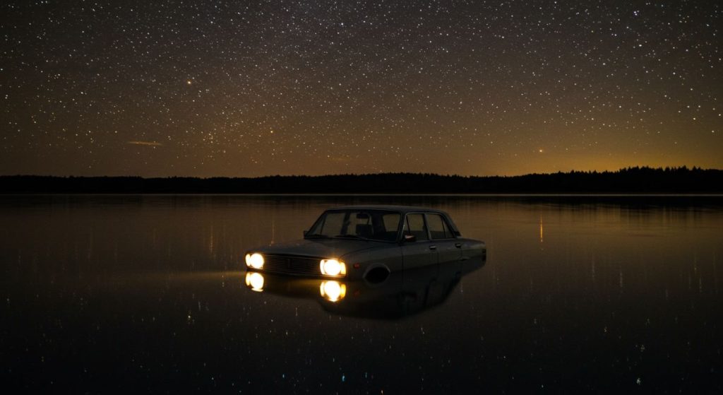Car with headlights partially submerged in calm water under a starry night sky.