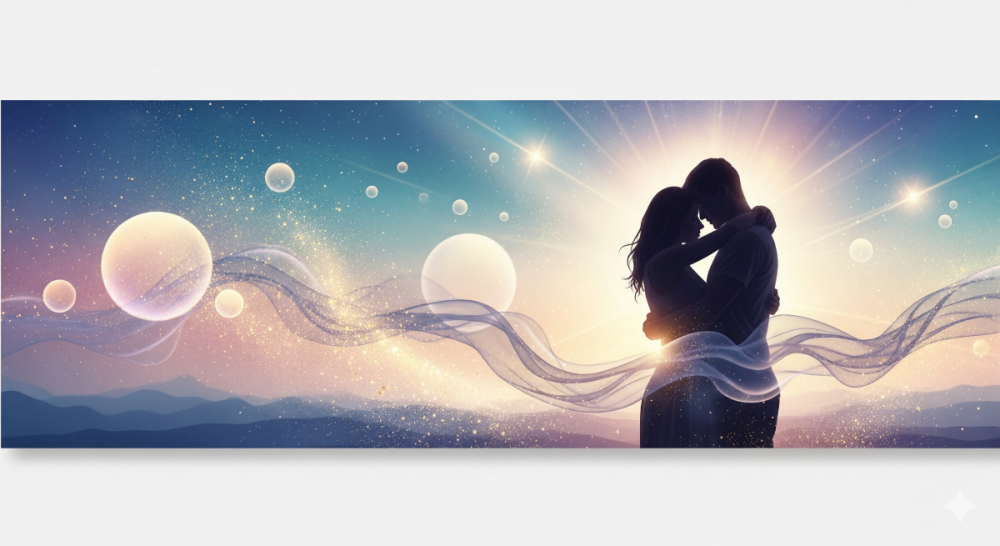 A couple embracing in a cosmic dreamlike scene with glowing orbs, light, and flowing energy waves.