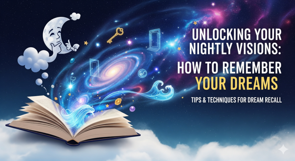 Open book with galaxy, moon, and keys symbolizing how to remember dreams and unlock nightly visions