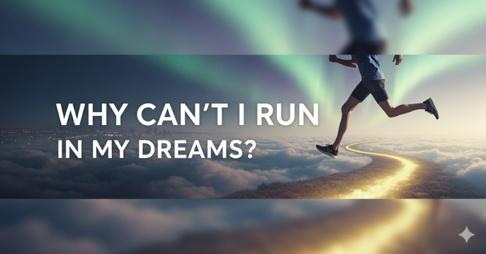 Man running on glowing path in the clouds under aurora lights, symbolizing running struggles in dreams.