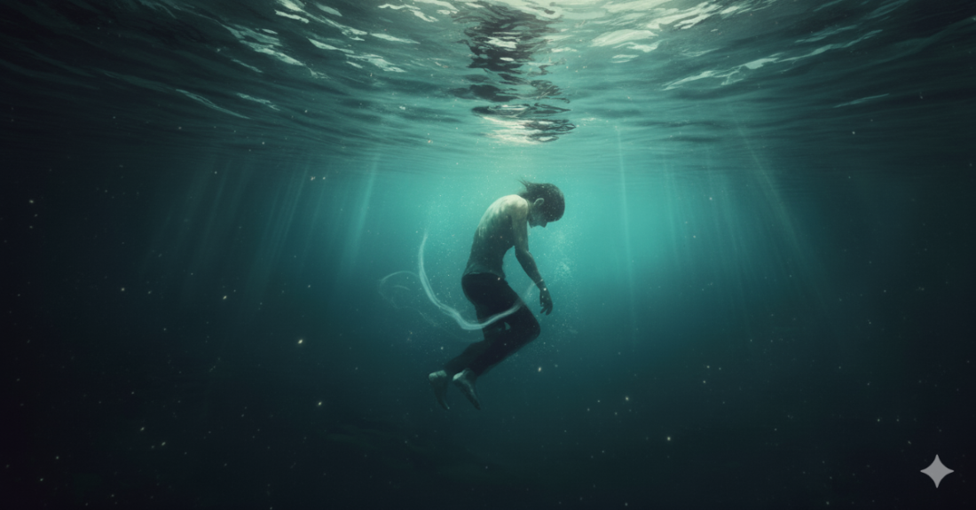 A person sinks in dreamlike underwater scene, light rays and subtle glow create melancholic serenity.