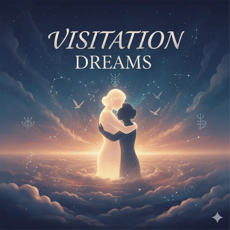 Glowing figures embracing in clouds under starry sky with text “Visitation Dreams” and constellations around