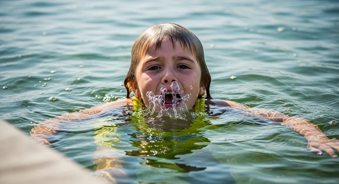 Child swimming in water, appearing to struggle and call for help in a vulnerable moment
