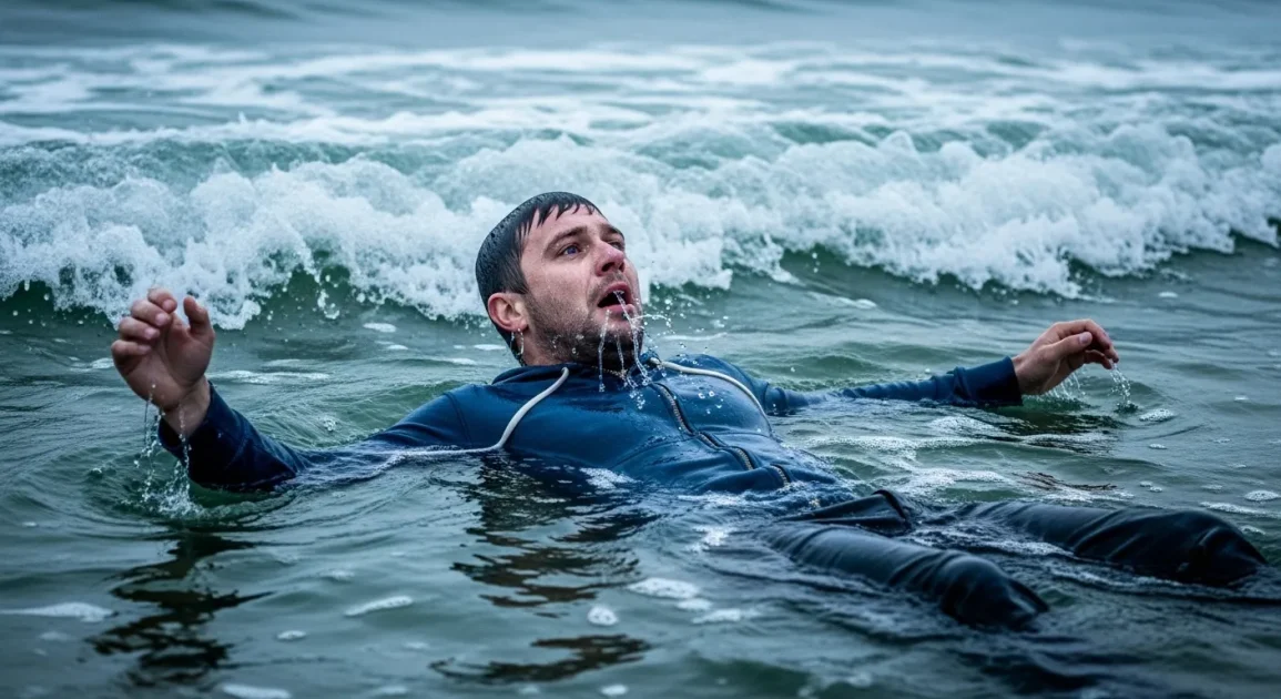 Man floating in water with waves around him, showing distress, exhaustion, and survival struggle