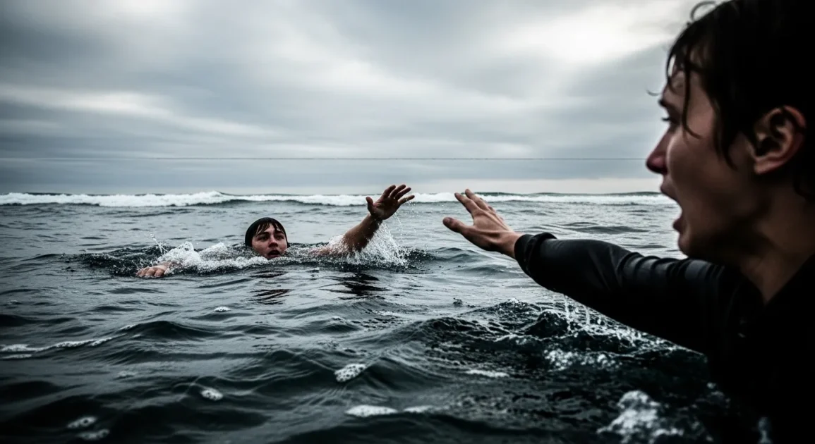 Person reaching out to help someone struggling in water, symbolizing rescue, support, and urgency