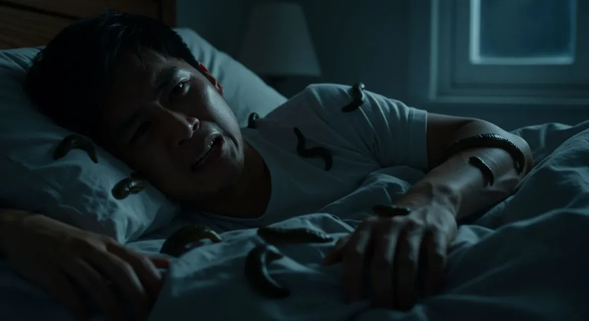 Man in bed terrified as leeches crawl on his arms and body during a nightmare.