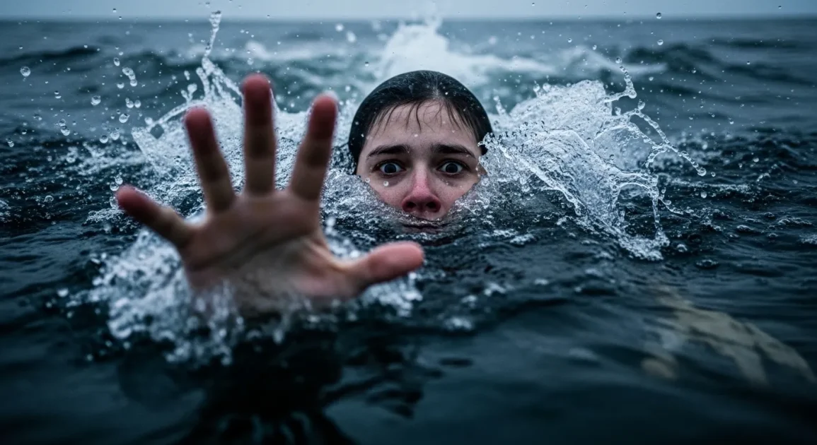 Person struggling in rough water reaching out for help, symbolizing fear, urgency, and distress