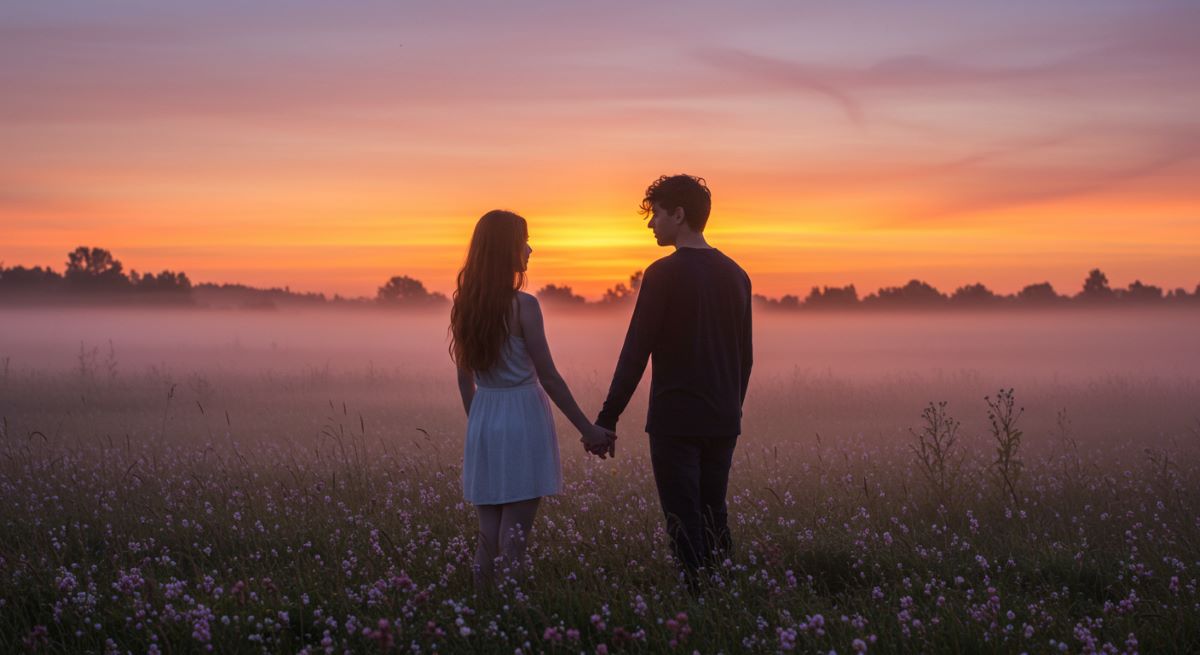 Couple holding hands in a flower field at sunset with mist, symbolizing twin flame connection.