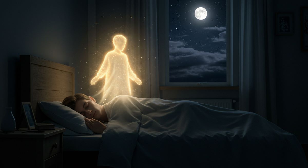 Sleeping person visited by glowing spirit in a dream under moonlit night sky