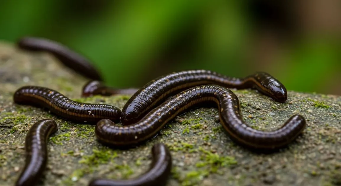 Group of dark leeches moving on a wet, moss-covered rock.