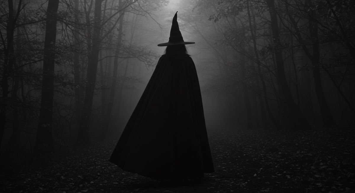 A mysterious figure in a black cloak and pointed hat stands in a dark, foggy forest.
