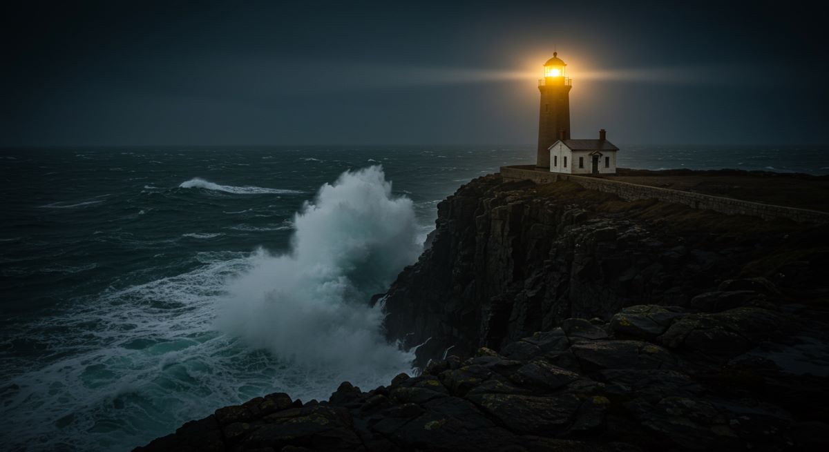 A fierce ocean waves in a storm, with a glowing lighthouse on a rocky cliff shining hope through the darkness.