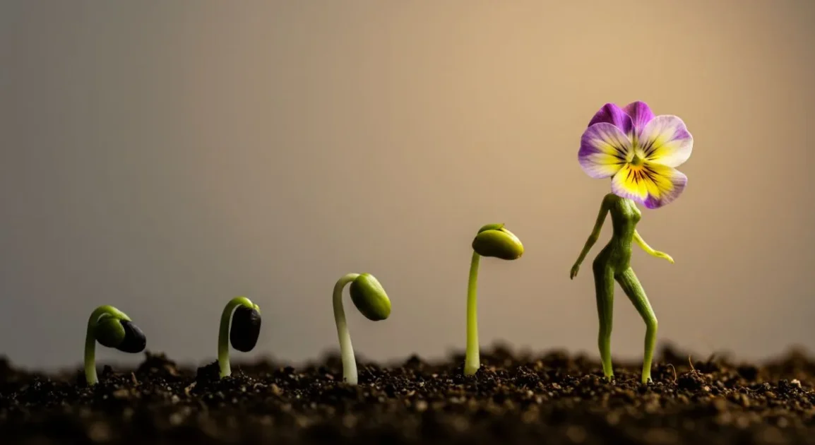 Creative concept of plant growth stages ending in a human figure with a flower head.