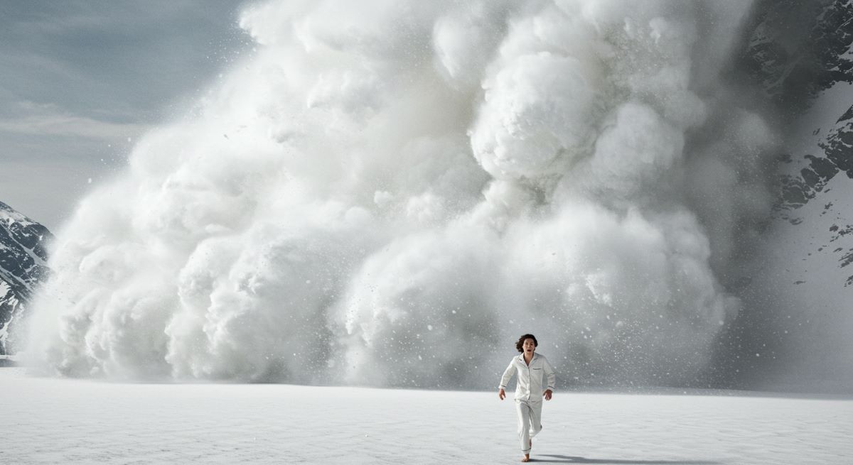 A person in white clothing running away from a massive snow avalanche in a mountainous landscape.
