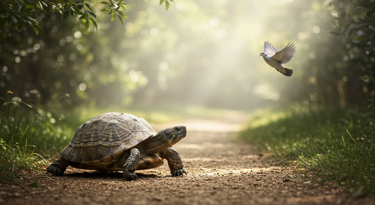 Turtle walking on a sunlit path with a dove flying nearby