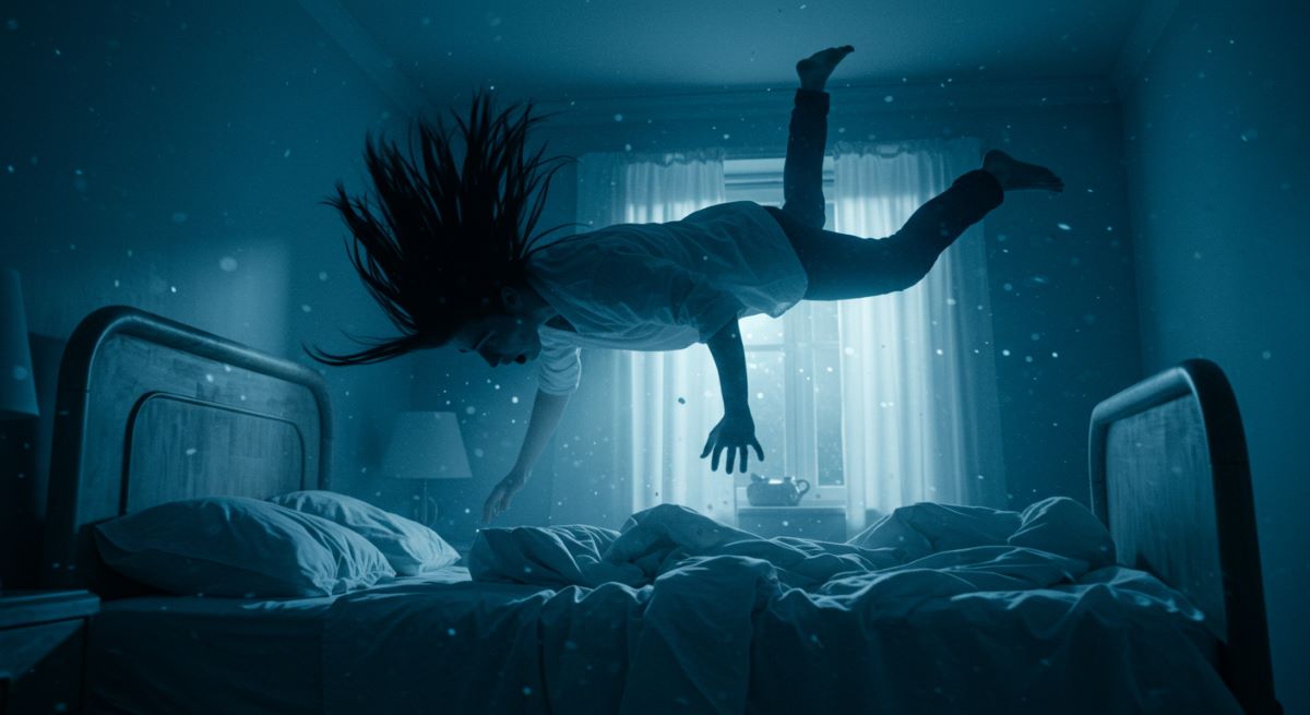 A person in bed, pulled by an invisible force,in a moonlit room.