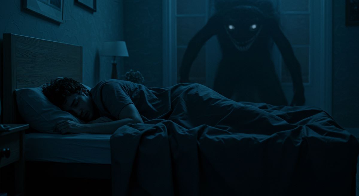 A person asleep in bed, shadowy monster figure looming at the back.