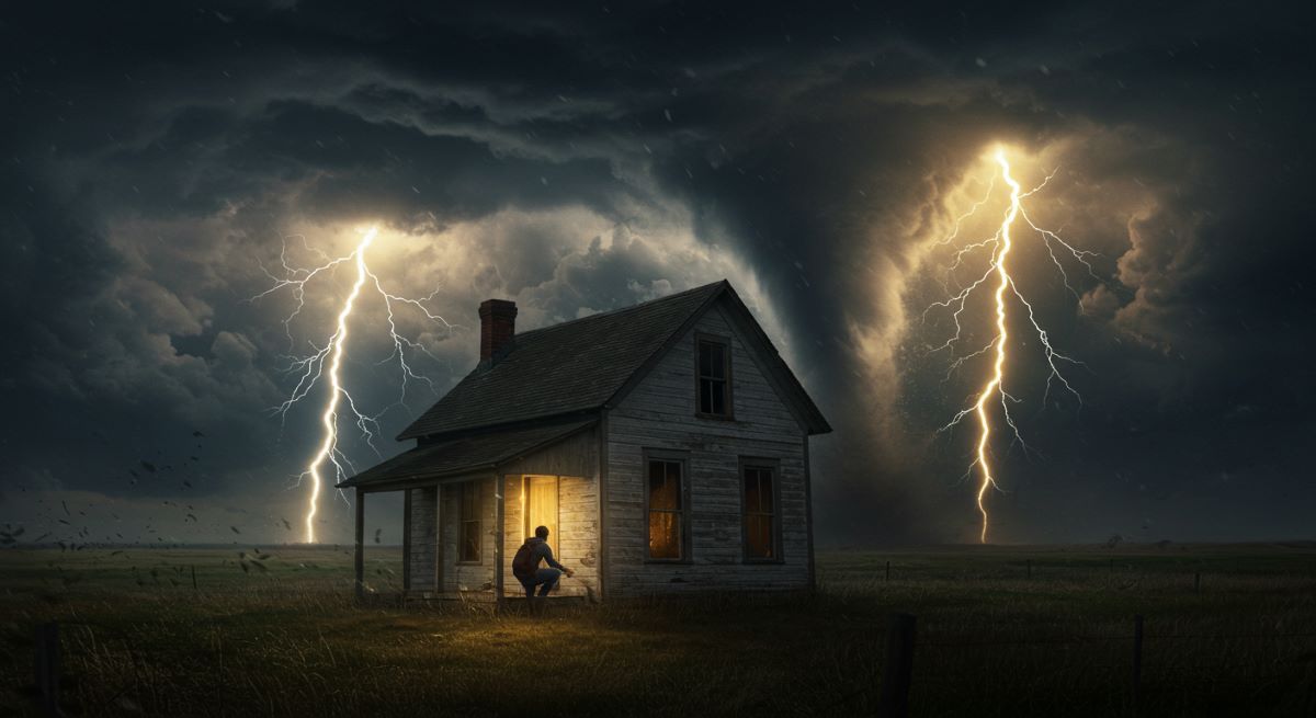 A person taking shelter inside a small house while a massive tornado swirls outside, dark storm clouds with flashes of lightning