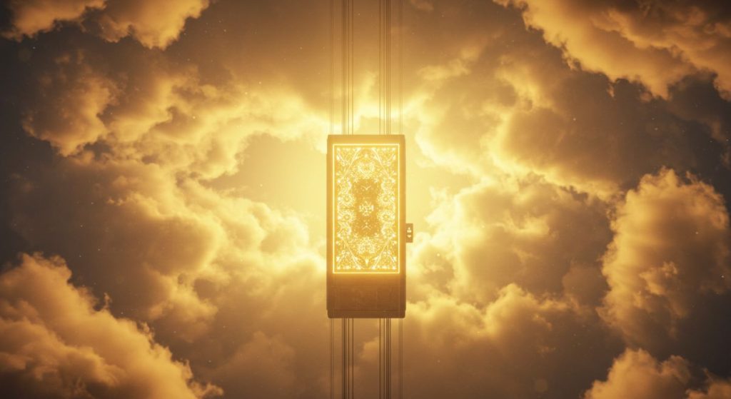A glowing elevator rising through clouds with soft golden light