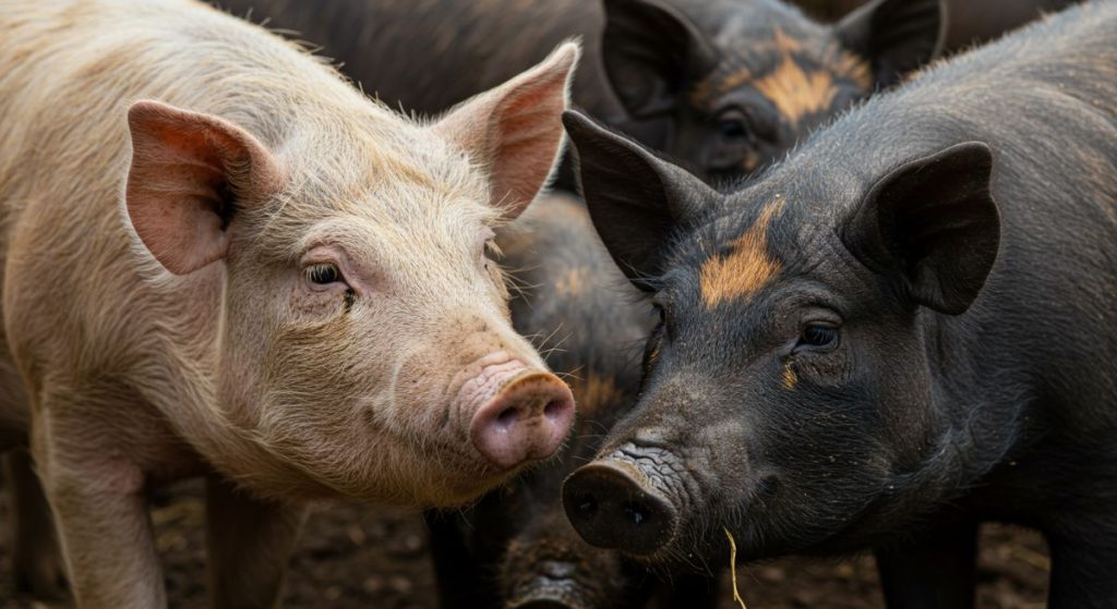 Close-up of a white pig and black pigs standing together in a group outdoors.