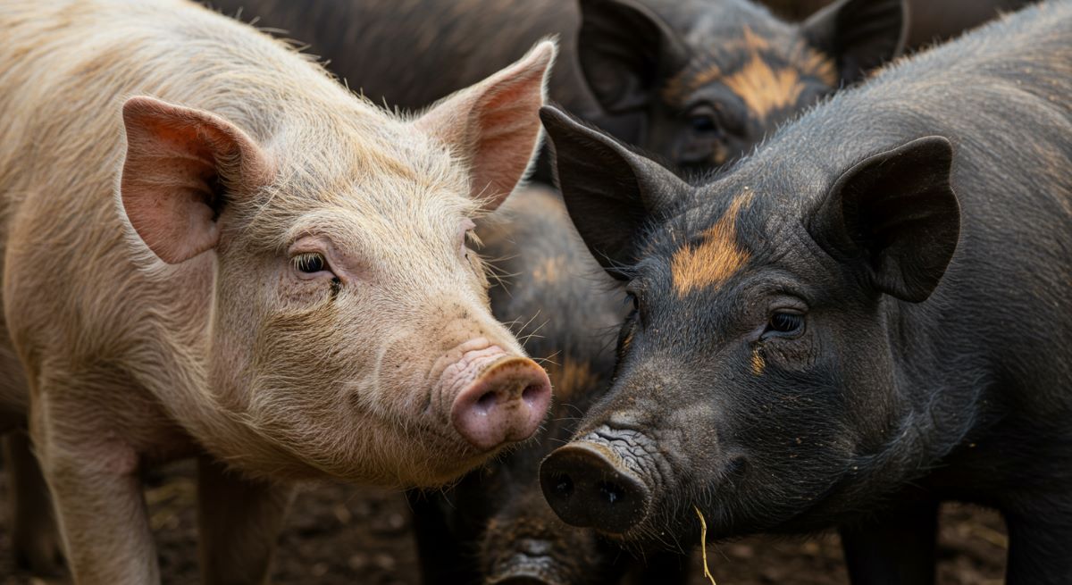 Close-up of a white pig and black pigs standing together in a group outdoors.