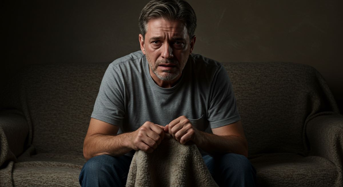 Anxious man gripping blanket on sofa, distressed expression showing fear and emotional struggle.