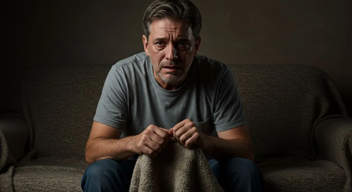 Anxious man gripping blanket on sofa, distressed expression showing fear and emotional struggle.