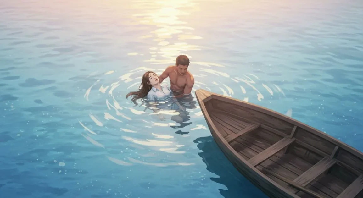 Man rescuing an unconscious woman from drowning beside a wooden boat under soft sunlight.