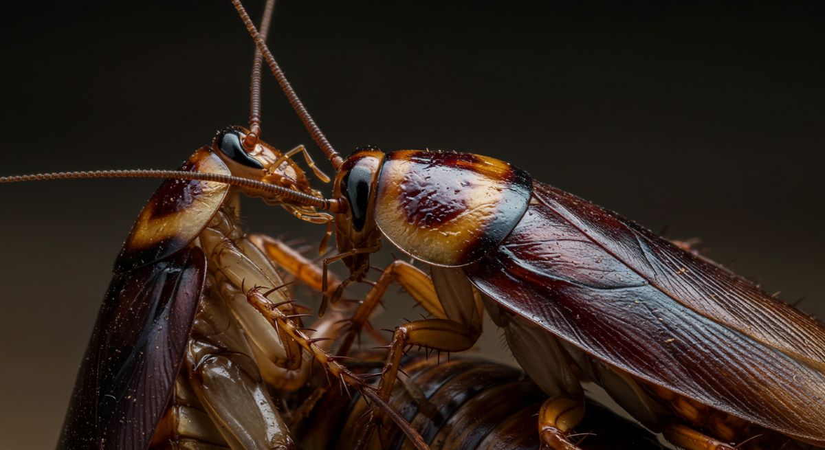 Close-up view of two cockroaches interacting with detailed focus on body and antennae.