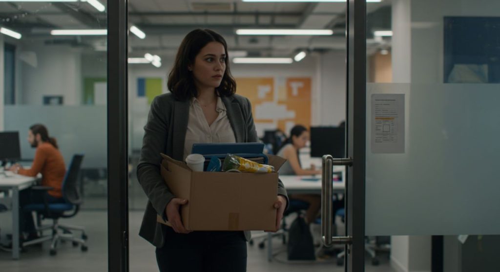 Woman leaving office with box after quitting job, looking regretful