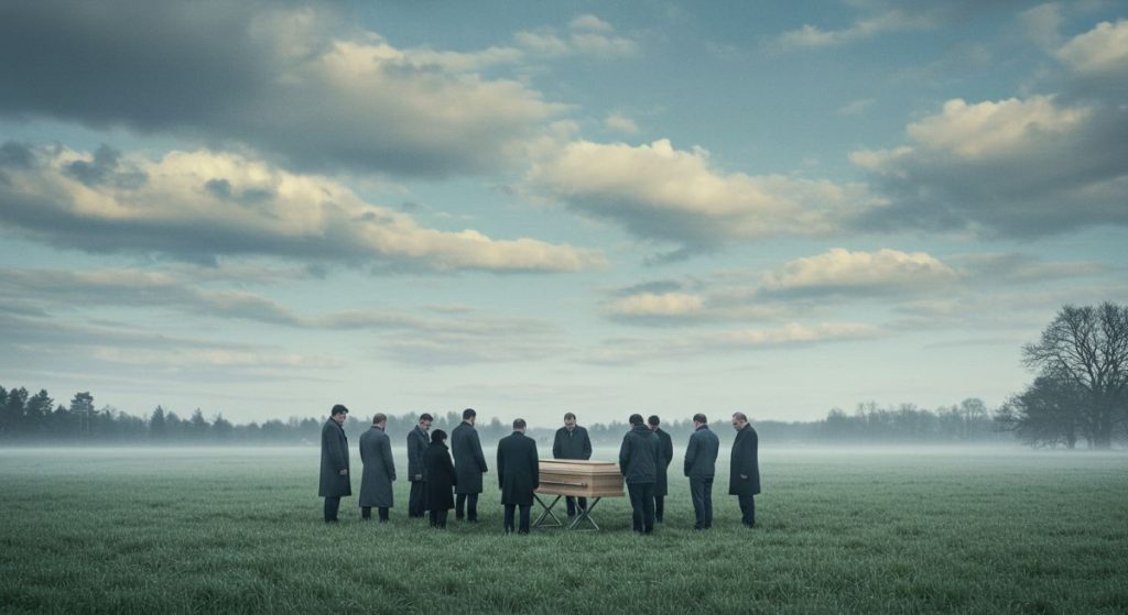 People in black coats gather around a coffin in a foggy field under a cloudy sky