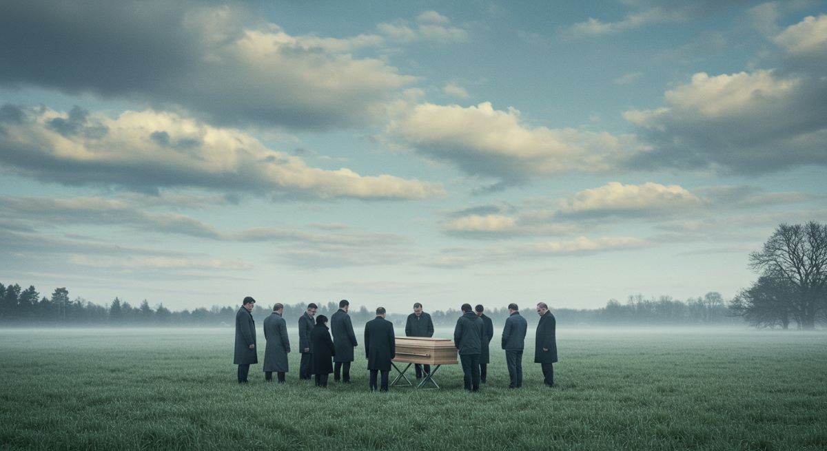 People in black coats gather around a coffin in a foggy field under a cloudy sky