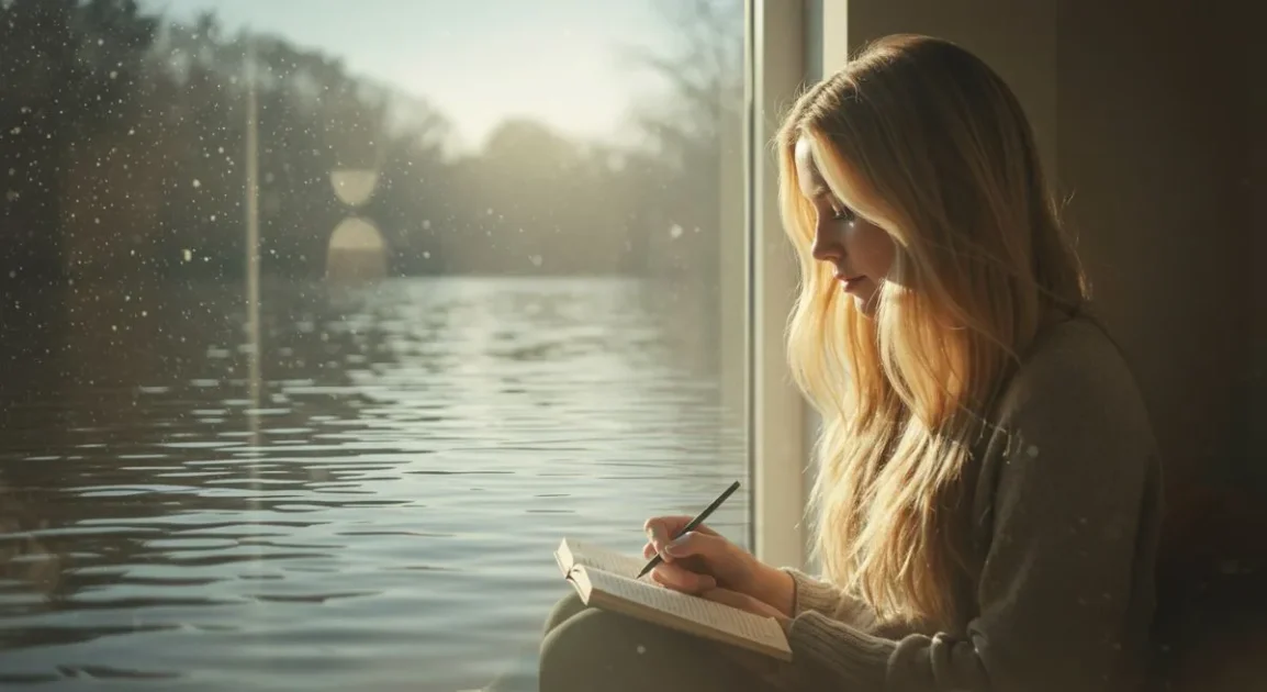 Woman journaling by a sunlit window overlooking water, reflecting calmly on her dreams and emotions.