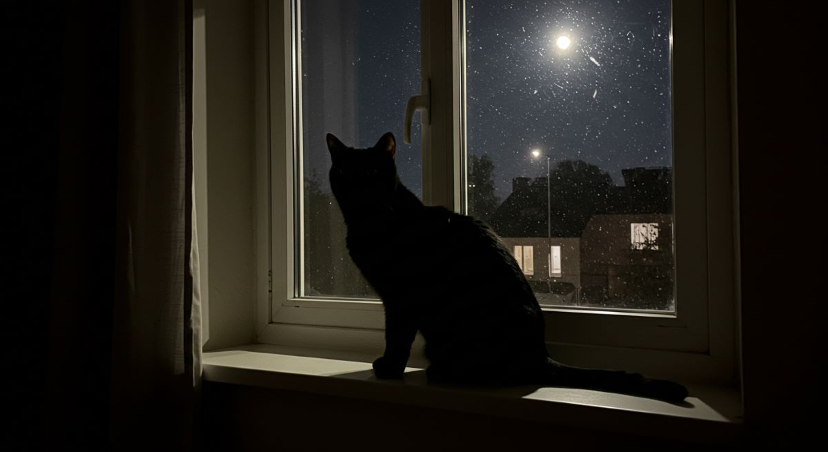 Black cat sitting on a windowsill at night, looking out at the moon through a window.