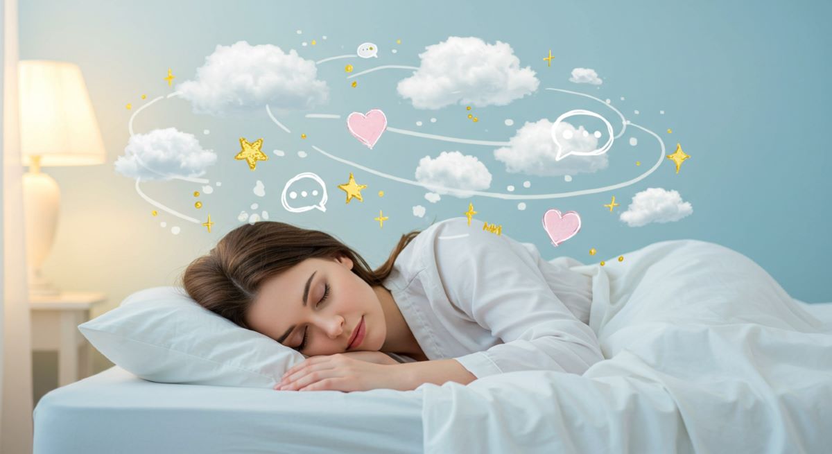 A woman sleeping peacefully with dream imagery representing the connection between dreams and mental health.