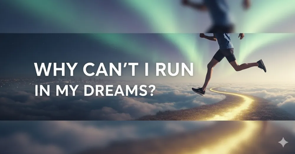 Man running on glowing path in the clouds under aurora lights, symbolizing running struggles in dreams.