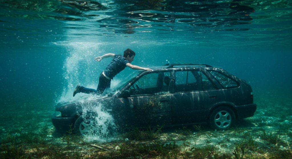 Man underwater struggling to push a sunken car, bubbles rising around him in the deep blue water.