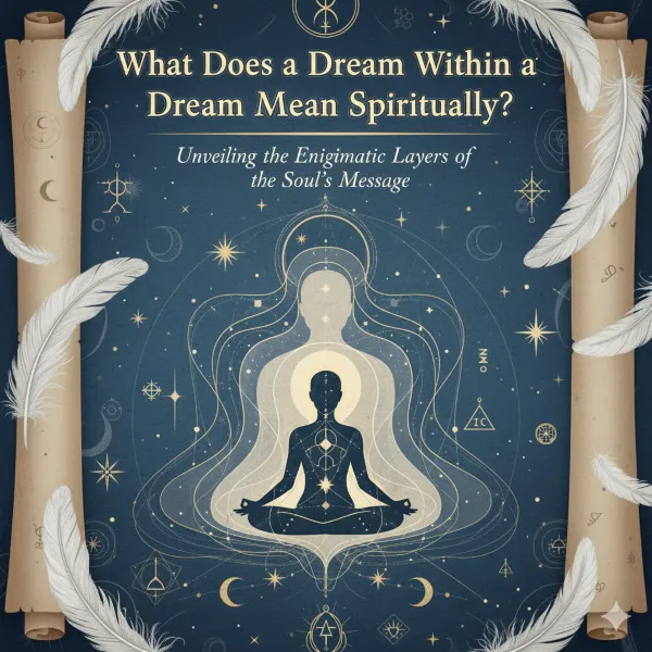 Spiritual art of a meditating figure with cosmic symbols, feathers, and scrolls about dream meaning.