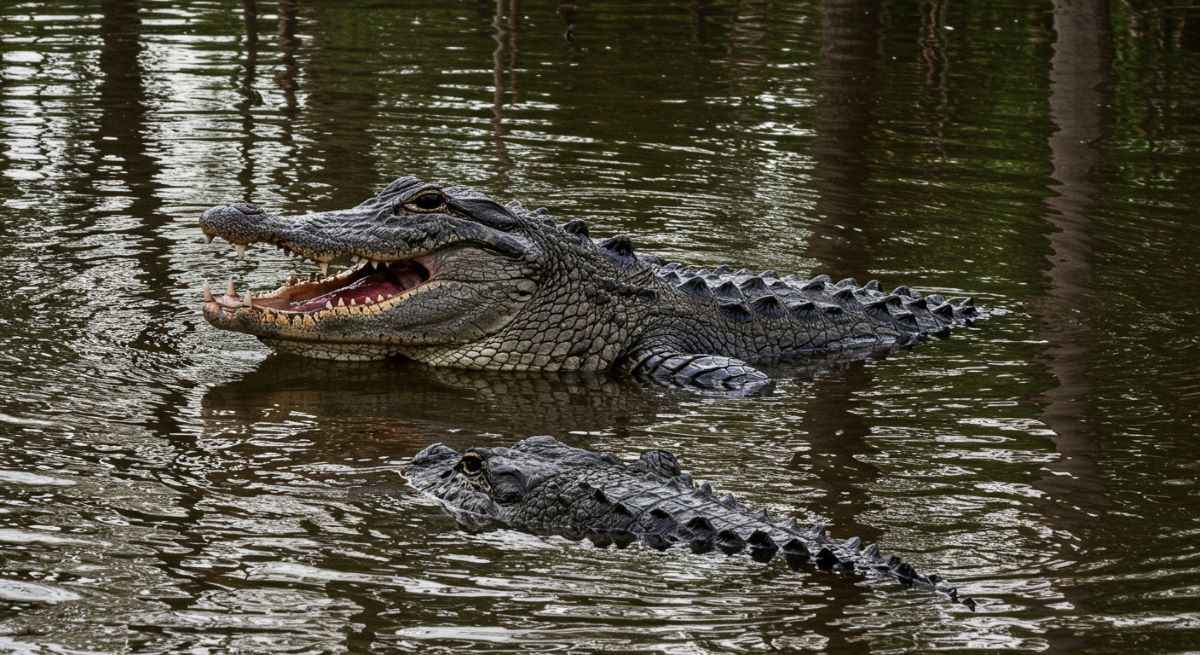 Two alligators in water, one with open jaws showing teeth